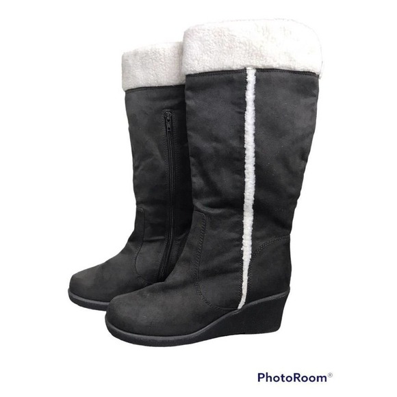 GAP Charcoal Faux Suede And Fur Wedge Boots Women’s Size 9 - Picture 1 of 14